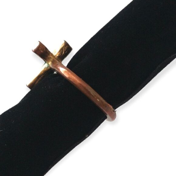 Brass Cross Open Ring Sz 5.5 or 6 Goth Handmade Rhinestone Victorian Religious - Picture 8 of 16